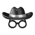 Black hat and eyeglasses icon, anonymous, spy person or detective face