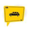 Black Hatchback car icon isolated on white background. Yellow speech bubble symbol. Vector