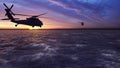 Black hawk military helicopters fly at sunrise across the boundless sea. 3D Rendering