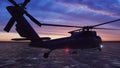 Black hawk military helicopters fly at sunrise across the boundless sea. 3D Rendering