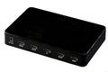 Black HDMI digital video four port splitter on white background.