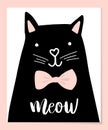 Black head of Cute Cat with hand lettering word Meow on white background.