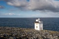 Black Head Lighthouse In Burren, Ireland. Galway Bay In The Background. Blue Cloudy Sky. Famous Landmark On Wild Atlantic Way