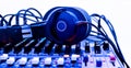 Black headphone on console sound board mixer Royalty Free Stock Photo