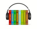 Black headphone and hardcover text books on white background. Isolated 3D illustration