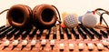 Black headphone and two microphone on console sound board mixer Royalty Free Stock Photo