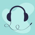 Black headphones earphones with cord cable plug. Music banner. Headset icon. Headphone speaker. Greeting Card. Flat design. Blue