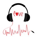 Black headphones icon with red cord in shape of cardiogram. . Love card. Text heart. Flat design. White background.