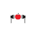 Black headphones with red apple icon. Flat vector earphones isolated on white Royalty Free Stock Photo