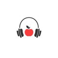 Black headphones with red apple icon. Flat vector earphones isolated on white Royalty Free Stock Photo