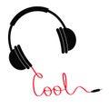 Black headphones with red cord in shape of word cool. Music card. Flat design.White background. Isolated