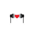 Black headphones with red heart icon. Flat vector earphones isolated on white Royalty Free Stock Photo