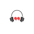 Black headphones and red quotation marks icon. Flat vector earphones, headset icon isolated on white.