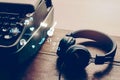 black headset listening to music icons set, sounds, sound, playlist, heart, sing, mic microphone, musical instrument guitar, and Royalty Free Stock Photo