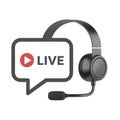 Black headset with microphone and chat bubble with red play button and live text on transparent background Royalty Free Stock Photo