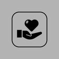 black heart balloon and upturned hand in a rectangle logo icon