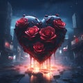 Black heart decorated with red roses around the destroyed city. Heart as a symbol of affection and Royalty Free Stock Photo