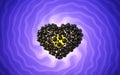 Black heart made of spheres with reflections over involute bright violet background. Happy valentines day 3d