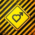 Black Heart with male gender symbol icon isolated on yellow background. Warning sign. Vector Royalty Free Stock Photo