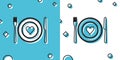 Black Heart on plate, fork and knife icon isolated on blue and white background. Happy Valentine`s day. Random dynamic