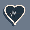 Black Heart rate icon isolated on grey background. Heartbeat sign. Heart pulse icon. Cardiogram icon. Long shadow style