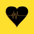 Black Heart rate icon isolated on yellow background. Heartbeat sign. Heart pulse icon. Cardiogram icon. Long shadow
