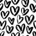 Black heart seamless pattern. Black and white ink brush hearts hand drawn ornament. Love symbols vector illustration.