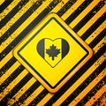 Black Heart shaped Canada flag icon isolated on yellow background. Love Canada symbol. Warning sign. Vector Royalty Free Stock Photo