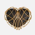 A black heart wrapped with gold ribbons in a Celtic ornament. 3d render. Element for valentine's day.