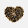 A black heart wrapped with gold ribbons. 3d render. Element for valentine's day.