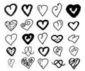 Black hearts collection. Big set hand drawn heart love on a white background. Doodle cartoon romantic style. For wedding poster