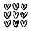 Black hearts icon collection. Hand drawn vector love symbol icon set. Rough brush and marker hearts. Royalty Free Stock Photo