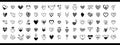 Black of hearts icons. Big collection of black hearts hand-drawn. Set of scribble black hearts isolated on white background. Love. Royalty Free Stock Photo