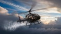 Black Helicopter Lifting Off Under a Gorgeous Cloud Filled Sky Royalty Free Stock Photo
