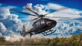 Black Helicopter Lifting Off Under a Gorgeous Cloud Filled Sky Royalty Free Stock Photo