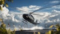 Black Helicopter Lifting Off Under a Gorgeous Cloud Filled Sky Royalty Free Stock Photo