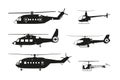 Black helicopter silhouette on a white background. Side view