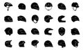 Black helmets icons. Bikers head helmet, motorcycle or bicycle driver accessories. Protection hat, racing headgear Royalty Free Stock Photo