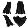 Black hero cape. Realistic draped black cloak front side and back view, mantle masquerade clothes, carnival costume