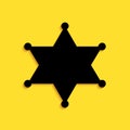 Black Hexagram sheriff icon isolated on yellow background. Police badge icon. Long shadow style. Vector