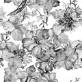 Black Hibiscus Textile. White Flower Textile. Seamless Leaves. Watercolor Design. Summer Backdrop. Pattern Garden. Tropical Illust Royalty Free Stock Photo