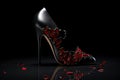 Black high heel shoes with broken glass on black background. 3d illustration, women shoes stomp on broken heart in dark tone., Royalty Free Stock Photo