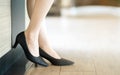 Black high heel shoes fashion female. beautiful sexy legs feet. Close up of new stylish business woman walking away in the living Royalty Free Stock Photo
