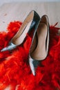 Black high heel women shoes isolated on table Royalty Free Stock Photo