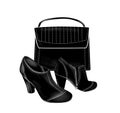 Black high-heeled ankle boots and bag. Fashion set