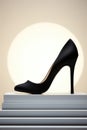A black high heeled shoe on a pedestal. Generative AI image. Royalty Free Stock Photo