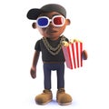 Black hip hop rapper cartoon character in 3d wearing 3d glasses and eating popcorn Royalty Free Stock Photo