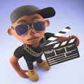 Black hiphop rap artist in baseball cap holding a film slate, 3d illustration