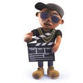 Black hiphop rap artist character using a movie slate clapperboard, 3d illustration Royalty Free Stock Photo