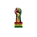 Black history month square banner with protest raised fist colored in African flag isolated on white background. Vector